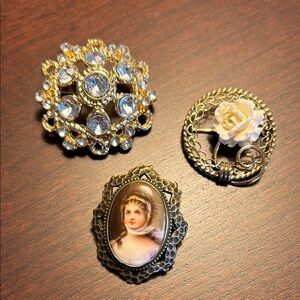 3 Gold Brooches - Cameo, Rose and Rhinestone